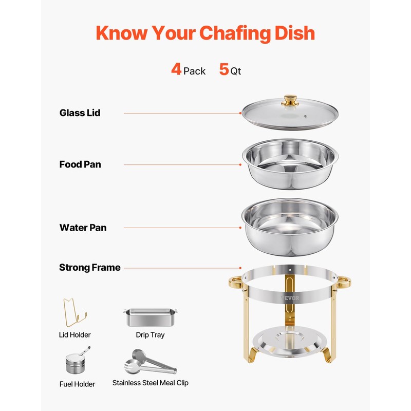 VEVOR Chafing Dish Buffet Set, 5 Qt 4 Pack, Stainless