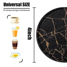 Black Marble Pattern Coasters for Drinks,Round PU Leather Coaster with Holder,6 PCS Heat - Resistant Beverage Cup Mat-Fancy Decor for Kitchen,Office,Dining Room Table - Drink Protector