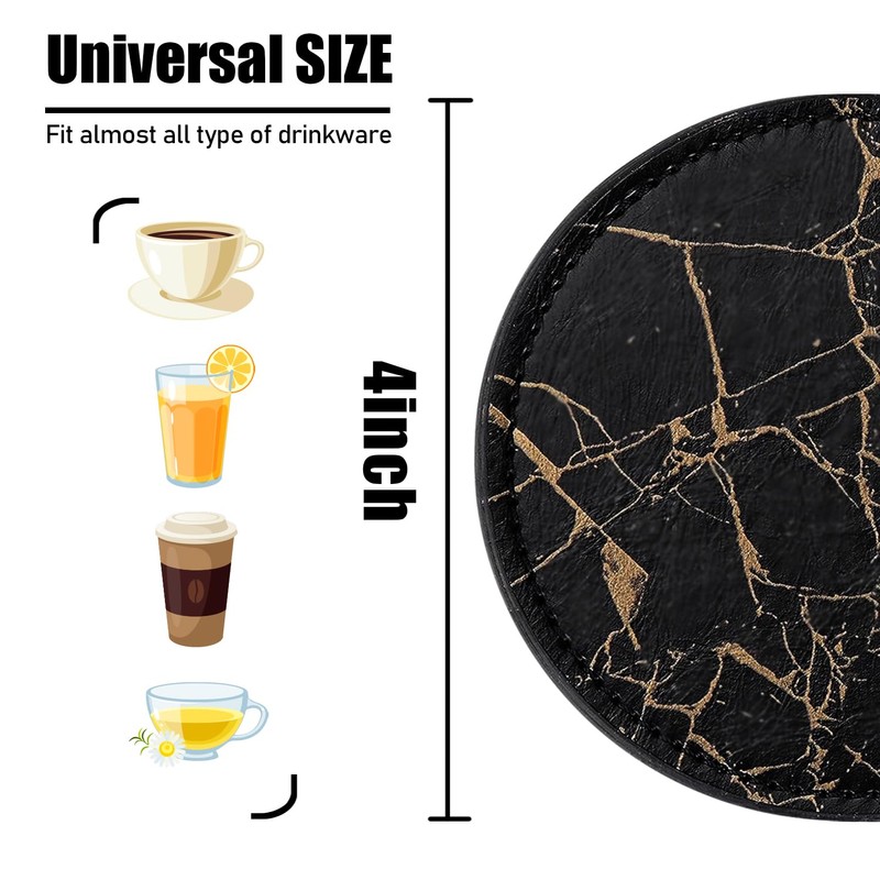 Black Marble Pattern Coasters for Drinks,Round PU Leather Coaster with