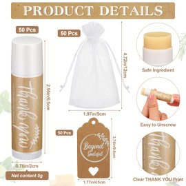 Leelosp 50 Sets Thank You Lip Balm Bulk Small Natural Moisturizing Mini Lip Balm Lip Care Product Include Organza Bag and Appreciation Card Baby Wedding Bridal Shower Thank You Favors, 5 Fragrance