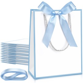 Silkfly 12 Pcs Thank You Gift Bags with Handles 9 x 7 x 3. 15'' Welcome Gift Bags with Bow Ribbon for Wedding Bridal Baby Shower Birthday Housewarming Party(White, Light Blue)