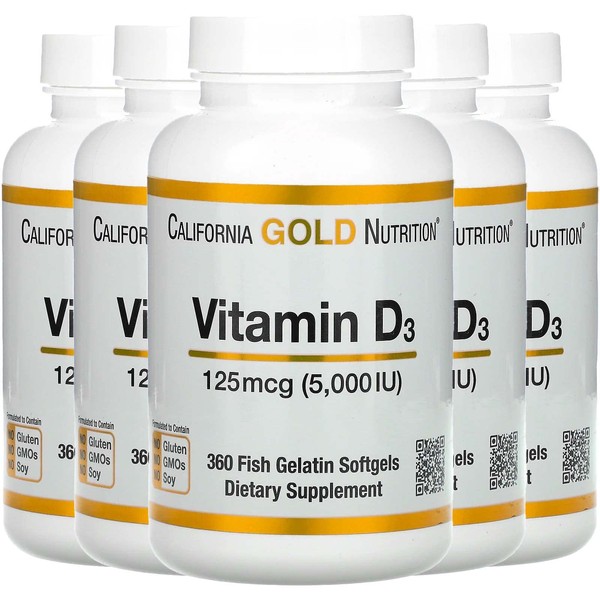 California Gold Nutrition Vitamin D3, 125 mcg (5,000 IU), 360 Fish Gelatin Softgels, 5 Pack