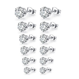 Mochity 6 Pairs of Stud Earrings, Gold, Sleeper Cartilage Stud Earrings, Hypoallergenic Earrings Set for Men and Women, Stainless Steel, 14K Gold-Plated Earrings, Stainless Steel, Zircon