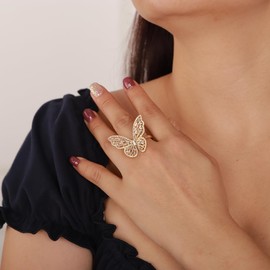 Aimimier Crystal Butterfly Ring Cubic Zirconia Open Adjustable Bow-Knot Knuckle Ring Sparkling Festival Prom Butterfly Jewelry for Women (Gold)