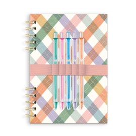 Notebook and Pen Set - Harper Split-Spiral Hardcover Notebook with 192 Lined Pages, 5 Colored Gel Pens, 100 GSM Acid-Free Paper, Elastic Straps Hold 5 Pens, 5.74" x 8.14", As If Argyle Design