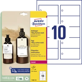 AVERY Zweckform T1001-10 Sturdy Tags Pack of 100 with Cords (90 x 50 mm on A4, Printable on Both Sides, Extra Fine Perforation, Gift Tags, Price Tags) Cardboard 185 g, White