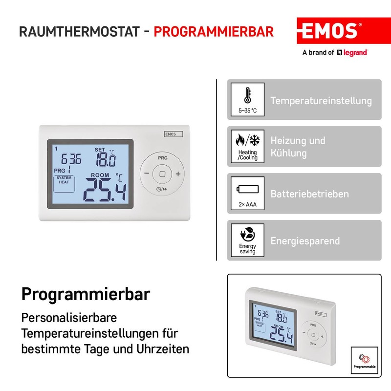 EMOS Digital Room Thermostat, Programmable Wall Thermostat for Heating and