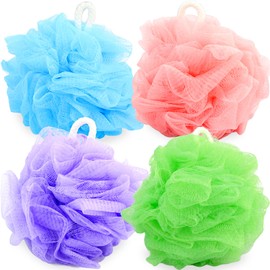 Premium Loofah Bath Sponge 4 Pack – Large 80g Shower Poufs (5.5 Inch) Soft & Gentle Mesh Body Scrubbers for Women & Men with Cotton Rope (Tropical Escape)