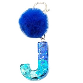 Xsclpomddy Initial Letter Resin Alphabet Key Rings with Fur Ball Pom pom keychains for Wallet Backpack Handbags Women Girls,J