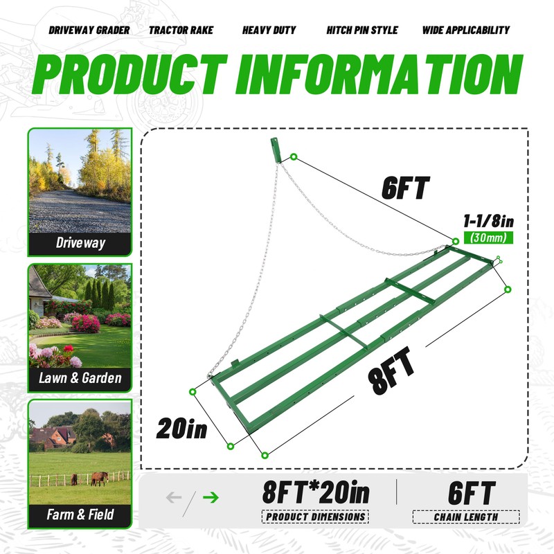 Wutist 8FT Drag Harrow Driveway Grader Heavy Duty Tow Behind