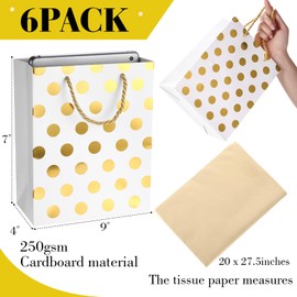 Humyoun 6 Pack Medium Gift Bags with Tissue Paper 7 x 4 x 9 Easter Thick Gift Bags Wrap with Handles Polka Dots Tissue Paper for Birthday Graduation Baby Shower Wedding Mother's Day(White, Gold)