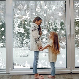 SULOLI Large Christmas Window Clings, Xmas Window Stickers Holiday Santa Claus Reindeer Snowflakes Decal Decorations Double Sided for Glass Windows