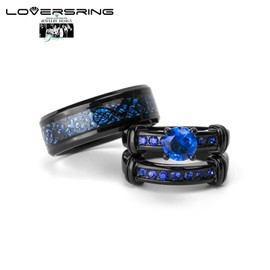 Couple Ring Bridal Set His Hers Black Gold Plated Blue CZ Stainless Steel Wedding Ring Band, women's size 10 & men's size 8, Paper, Agate