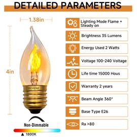XIAOKALAMI C11/C35 LED Flame Effect Bulb, E26 Base, Orange 2-Mode (Flame/Steady On) – Crystal Clear Glass, Non-Dimmable, 2-Pack