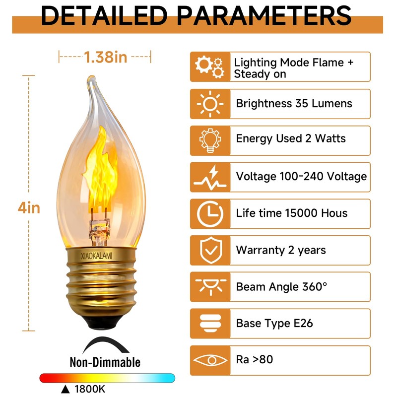 XIAOKALAMI C11/C35 LED Flame Effect Bulb, E26 Base, Orange 2-Mode