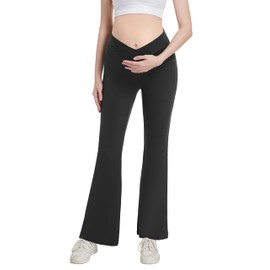 Foucome Maternity Flare Leggings Crossover Workout Yoga Pregnancy Pants Soft Stretchy Bootcut Bell Bottoms (Black, L)
