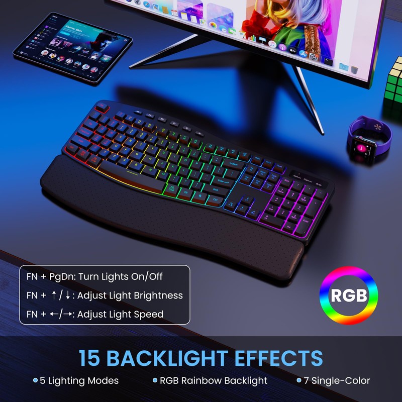 COLIKES Wireless Ergonomic Keyboard, Backlit Keyboard Silent with 15 RGB