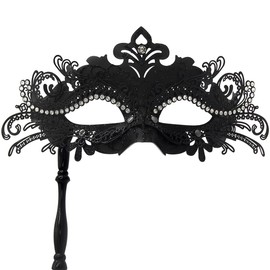 WILOVCOS Womens Masquerade Mask with Stick, Handheld Mardi Gras Mask,Venetian Party Masks (Black)