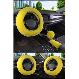 Younglingn Auto Steering Wheel Short Wool Cover Gear Shift Handbrake Fuzzy Cover 1 Set 3 Pcs Multi-Colored with Winter Warm Fashion for Girl Women Ladies Universal Fit Most Car (Yellow)