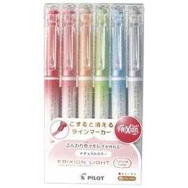Pilot Frixion Light, 6 Natural Color Set (SFL-60SL-6CN) - Marking Pens - Erasable, Broad Tip, Ambidextrous, 6 Colors: Pale Orange, Coral Pink, Red, Sky Blue, Light Green, Gray