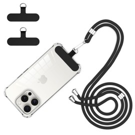 CAROKI Phone Strap with 2 Phone Tether Tabs, Crossbody 1.6m Adjustable Universal Phone Strap with 2 Durable Patches, Adjustable Strap Cord Compatible with Most Smartphones and Cases-Black