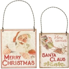 Vintage Merry Christmas Santa Claus Wood Ornaments Set, Mid Century Decor Gifts Tags, Hanging Ephemera Tree Decorations (2 Pieces)