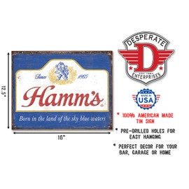 Desperate Enterprises Hamm's Beer - Sky Blue Waters Tin Sign - Nostalgic Vintage Metal Wall Decor - Made in USA - 16" W x 12.5" H