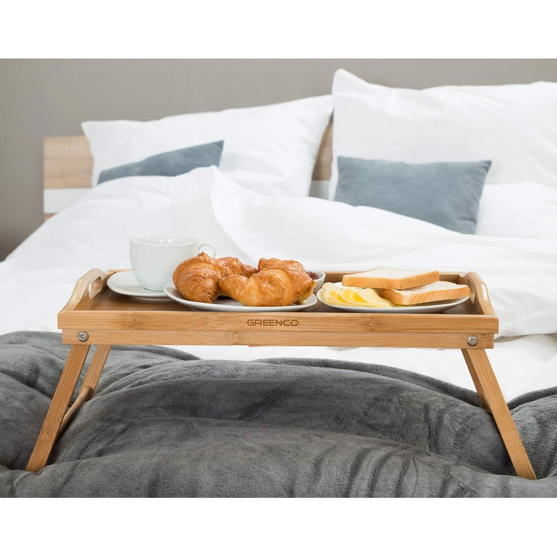 Greenco Bamboo Breakfast Tray Folding Legs with Handles, Bed Tray