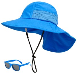 Baby Sun Hat Toddler Kids Boys Girls Wide Brim Beach Blue Hats with Sunglasses UPF 50+ Plain Caps with Neck Flap (3-24 Months, Blue)