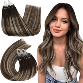 Ugeat Micro Loop Hair Extensions Human Hair Brown Ombre Micro Beads Hair Extensions Human Hair Dark Brown with Ash Blonde Balayage Micro Ring Pre Bonded Hair Extensions 18inch 50G 50S