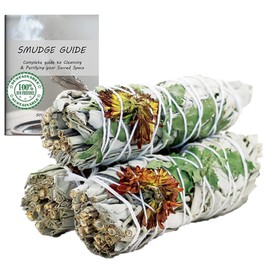 Floral White Sage Organic Smudge Sticks with Flowers 3 Pack for Cleansing Home, Meditation, Yoga, Healing and Smudging | Sustainably Sourced California White Sage Bundles (Peaceful)