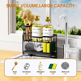 DYFVPOU Kitchen Sink Caddy with High Brush Holder,2 Tier Sink Sponge Holder for Sponge,Soap,Dish Brush,Scrubber,Kitchen Countertop Organizers and Storage Essentials,Soap Dispenser Storage Accessories
