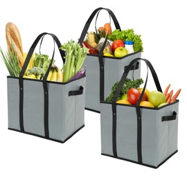 Foraineam 3-Pack Extra Large Reusable Grocery Bags Gray Durable Heavy Duty Grocery Totes Bag Storage Box Bins Collapsible Grocery Shopping Box Bags with Reinforced Bottom