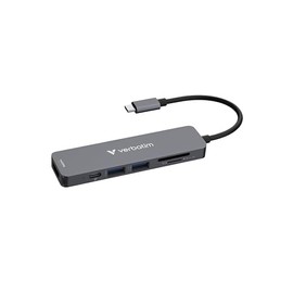 Verbatim USB-C Essentials Multiport Hub– 6 Ports: (1) USB-A 2.0, (1) USB-A 3.0/3.2 Gen 1, (1) USB-C 3.0/3.2 Gen 1, SD and Micro SD Card Slots with 4K HDMI and Up to 100W Power Delivery