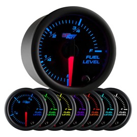 GlowShift Black 7 Color Adjustable Fuel Level Gauge - Black Dial - Clear Lens - for Gas & Diesel Vehicles - 2-1/16" 52mm