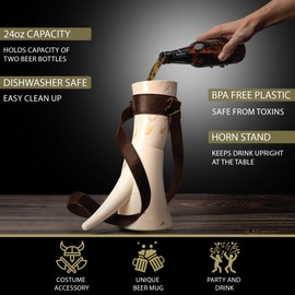 BLKSMITH Viking Drinking Horn with Strap and Stand, Dishwasher-Safe and BPA-Free Plastic Viking Drinking Horn Cup, 24 oz Horn Mug, Cool Gifts for Dad (Ivory/Brown)