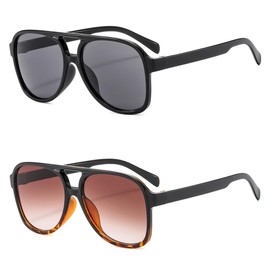 IKUVNA Vintage Aviator Sunglasses for Women Men 70s Glasses Retro Oversized Yellow Lens Shades (2Pack Black+Leopard Brown)