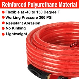 EADUTY Heavy Duty Reinforced Polyurethane Air Hose 1/4 in x 100 ft, Lightweight, Flexible Compressor Hose with Universal Quick Coupler, Plug and Bend Restrictors, Red