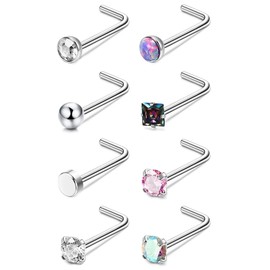ORAZIO 8Pcs Nose Rings Studs G23 Titanium Nose Ring 20G L Shape Nose Studs for Women Multicolored CZ Titanium Nose Stud Simple Silver Nostril Piercing Cute Nose Piercing Jewerly for Women Men Mix CZ