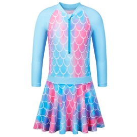 ZNYUNE Children Girls One-Piece Swimsuits Dress Kids Swimming Costumes for Girls Sleeveless Rash Guard Surfing Swimwear Sweet Skirted Style S395 ScaleBlue 128