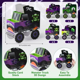 Haooryx Origami Monster Truck Boxes - 12pcs Green Purple Origami Monster Truck Candy Treat Boxes Lightning Skull Racing Car Cartoon Goodie Bag Toy Car Birthday Christmas Winter Xmas New Year Party