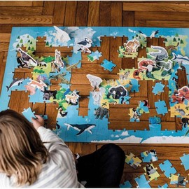 Janod 200 Piece World Atlas Floor Puzzle with Endangered Animal Figures - Ages 6+ - J02676