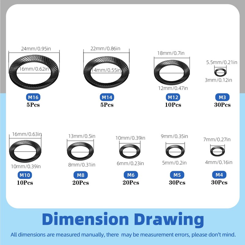 Glarks 160pcs M3/4/5/6/8/10/12/14/16 Double Side Lock Washer, 65Mn Steel Vibration