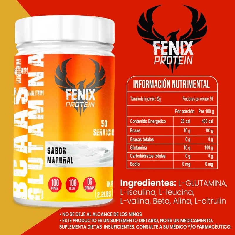 Aminoácidos Bcaas Glutamina 1kg Fenix Protein Sabores