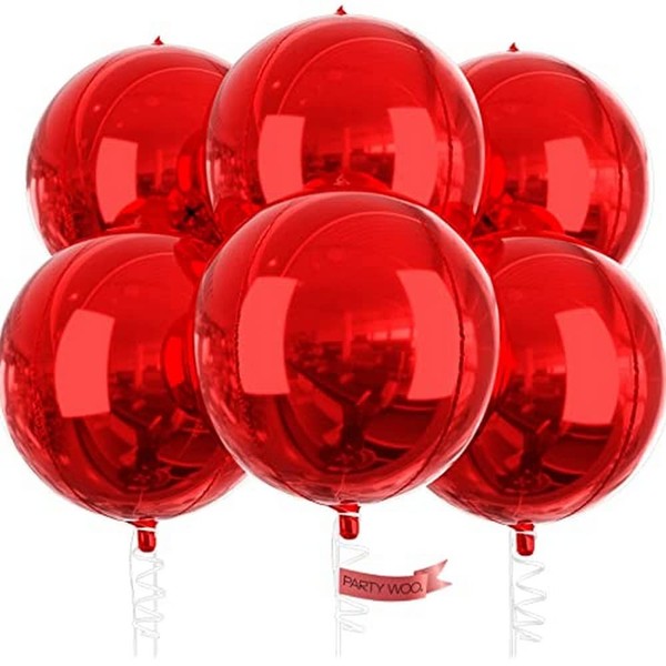 PartyWoo Red Balloons, 6 pcs Red Birthday Decorations, 22 inch Giant 4D Foil Balloons and Ribbon, Large Mylar Balloons, Metallic Red Balloons for Bachelorette Party, Bridal Shower