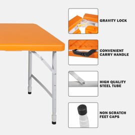 Anwick 4 Foot Folding Table Portable Fold-in-Half Plastic Picnic Table w/Handle and Steel Legs for Indoor, Outdoor, Camping, Party, Garden (Orange, 4ft)