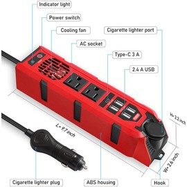 200W Car Power Inverter DC 12V to 110V AC with Dual Outlets and 4 USB Type C Ports 2.4A Fast Charge, Car Adapter Power Inverter, Car Outlet Converter for Road Trips