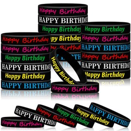 BBTO 48 Pieces Happy Birthday Rubber Bracelets Silicone Stretch Wristbands Colored Silicone Bracelets for Birthday Party Supplies (Cool Style)
