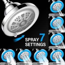 JINYOMFLY Rain Shower with LED, 7 Shower Modes, LED Colour Changing Temperature, 3 Colours Shower Head LED
