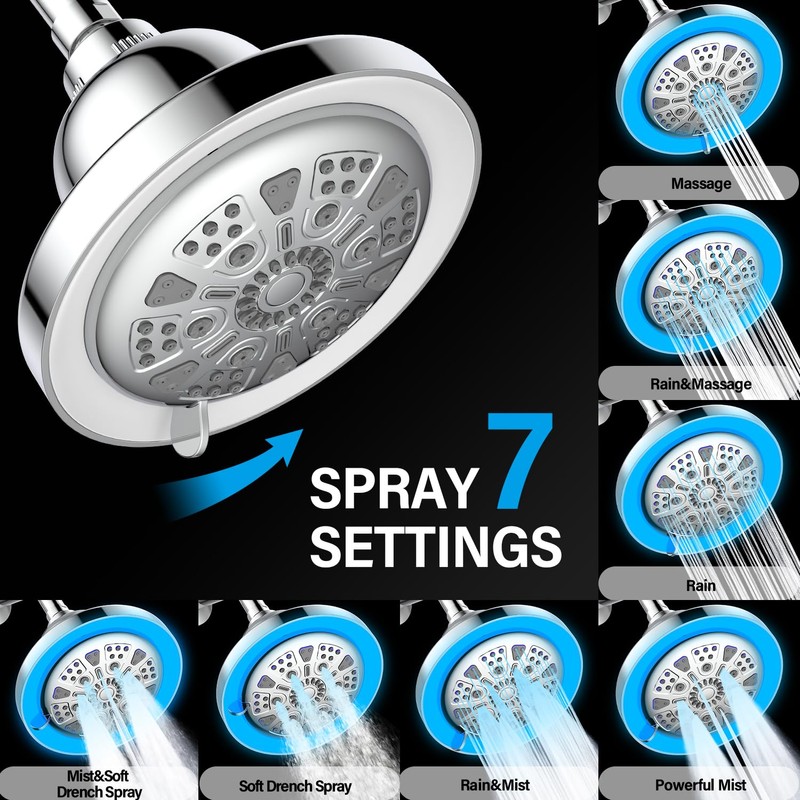 JINYOMFLY Rain Shower with LED, 7 Shower Modes, LED Colour